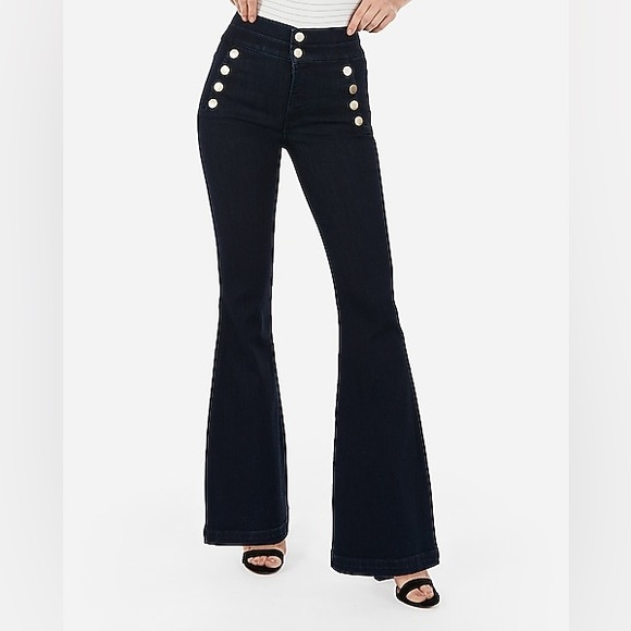 High Waisted Flare Jeans with Flattering Hip Buttons - Picture 1 of 7